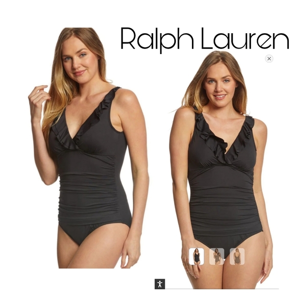 Ralph Lauren Women's Beach Club Solid Ruffle Underwire Tankini Top Black Size 10 main image 0